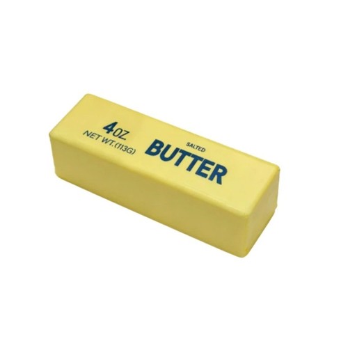 Single classic yellow SALTED BUTTER 4oz stick squishy on a white background