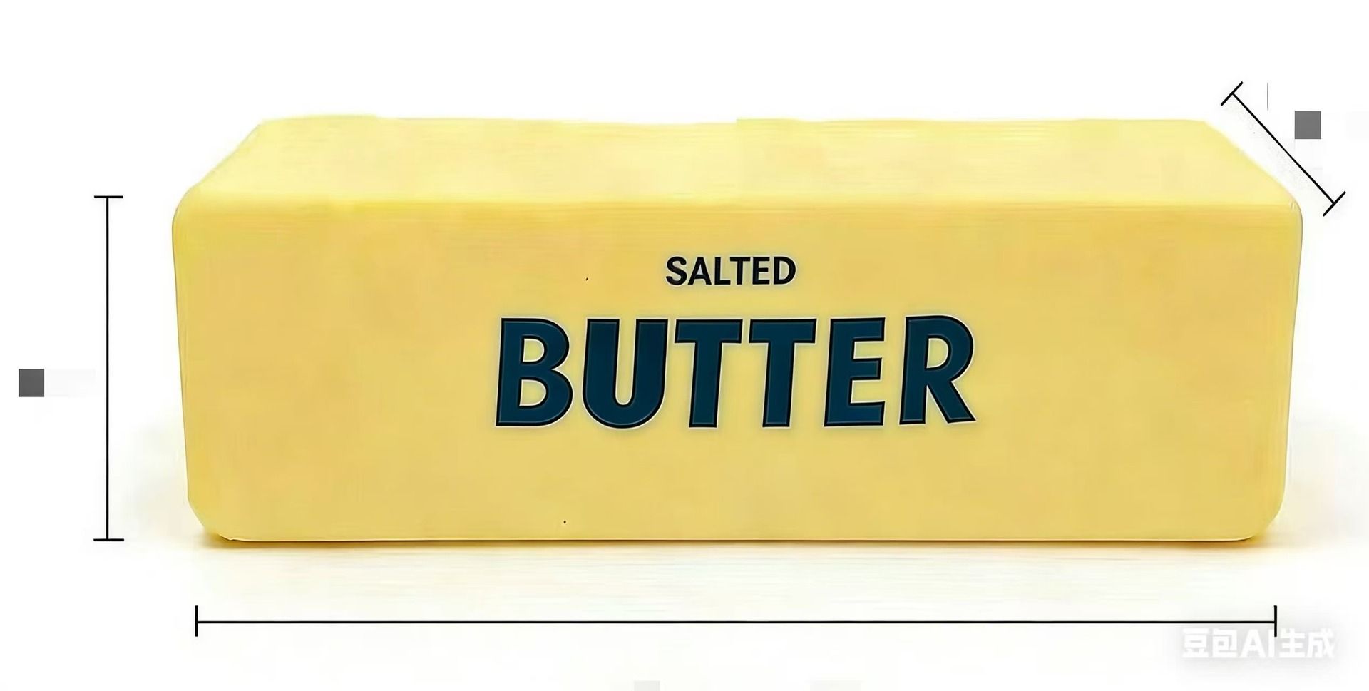 A large yellow SALTED BUTTER squishy stick shown with dimension measurement marks