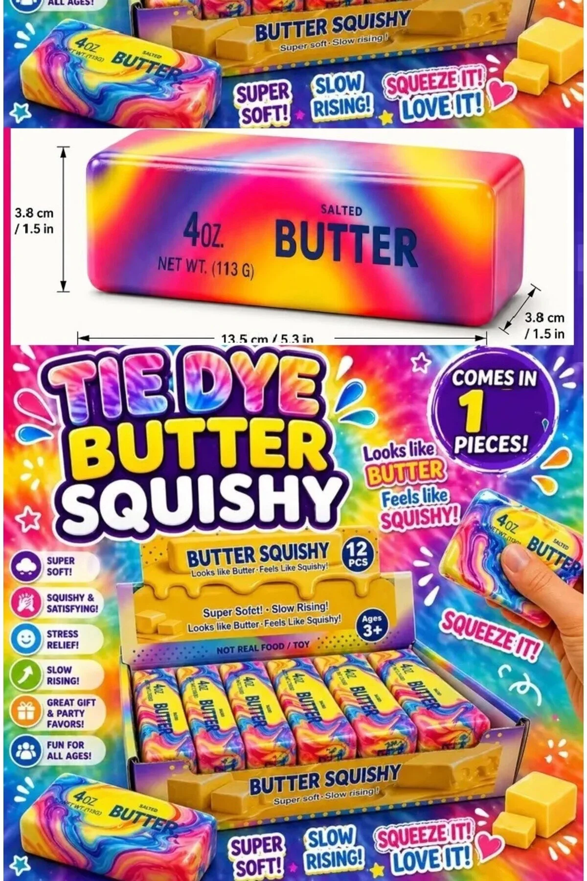 Full TIE DYE BUTTER SQUISHY marketing poster showing size specs and features