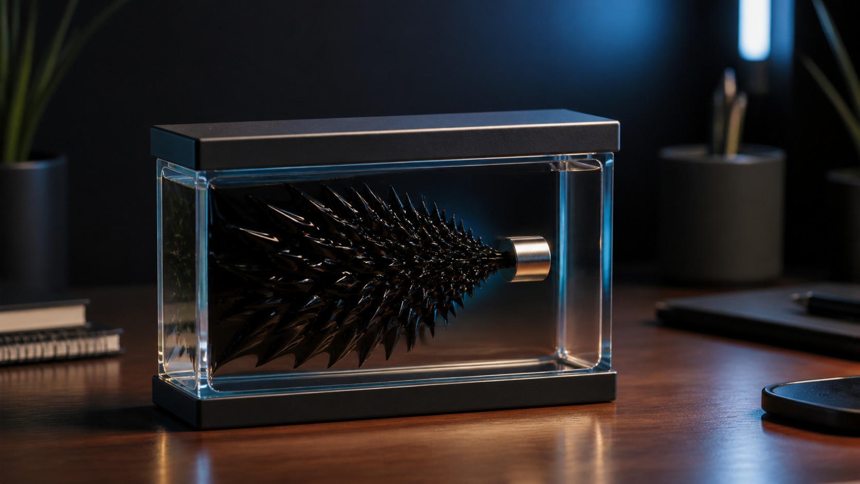 Black ferrofluid forming sharp magnetic spikes inside a sealed desktop art display