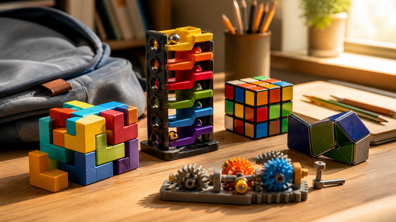 A colorful group of screen-free puzzles and building toys arranged on an after-school study desk