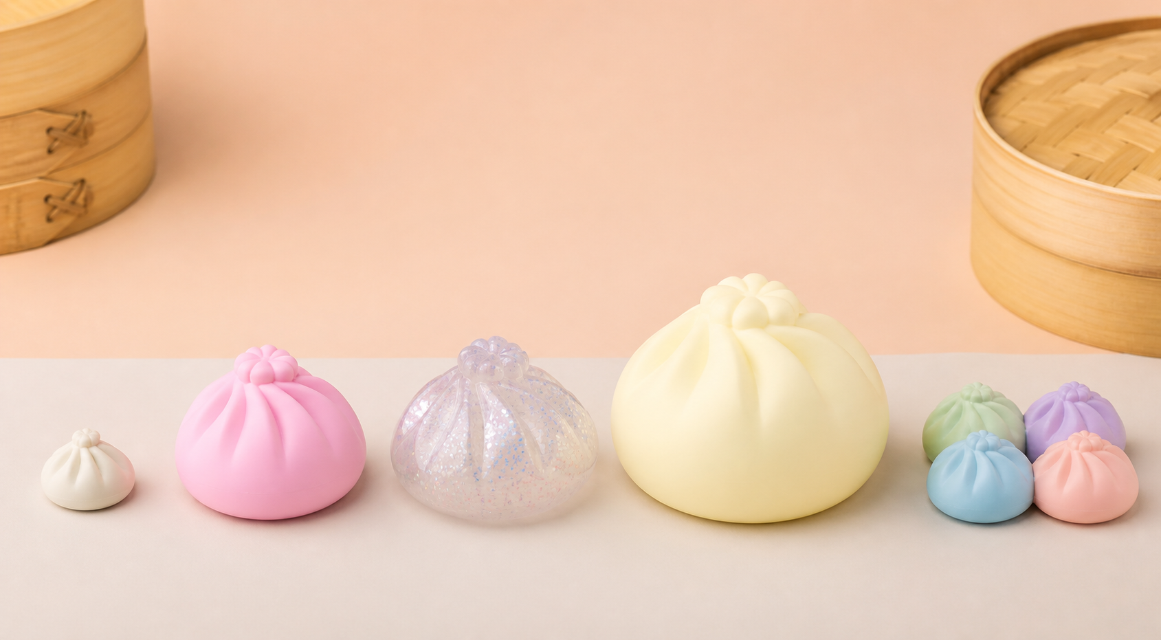 An original editorial comparison of pocket-size, standard, glitter, jumbo, and multipack dumpling squishy formats