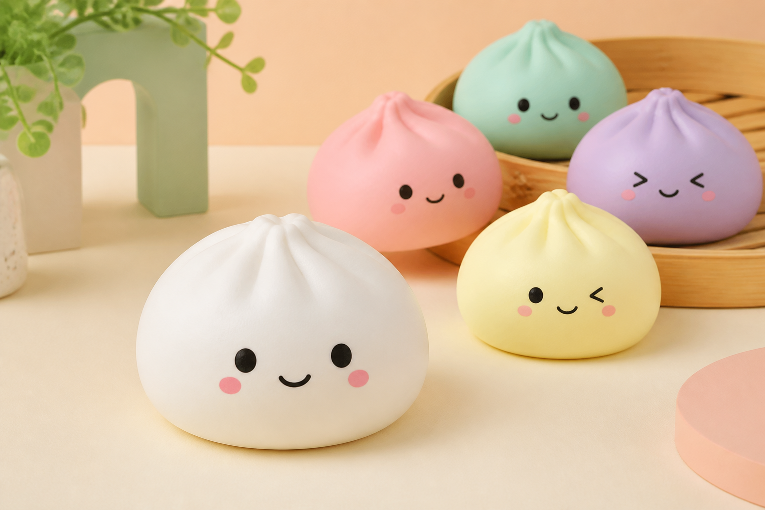 An original editorial arrangement of colorful dumpling-shaped squishy toys beside a bamboo steamer